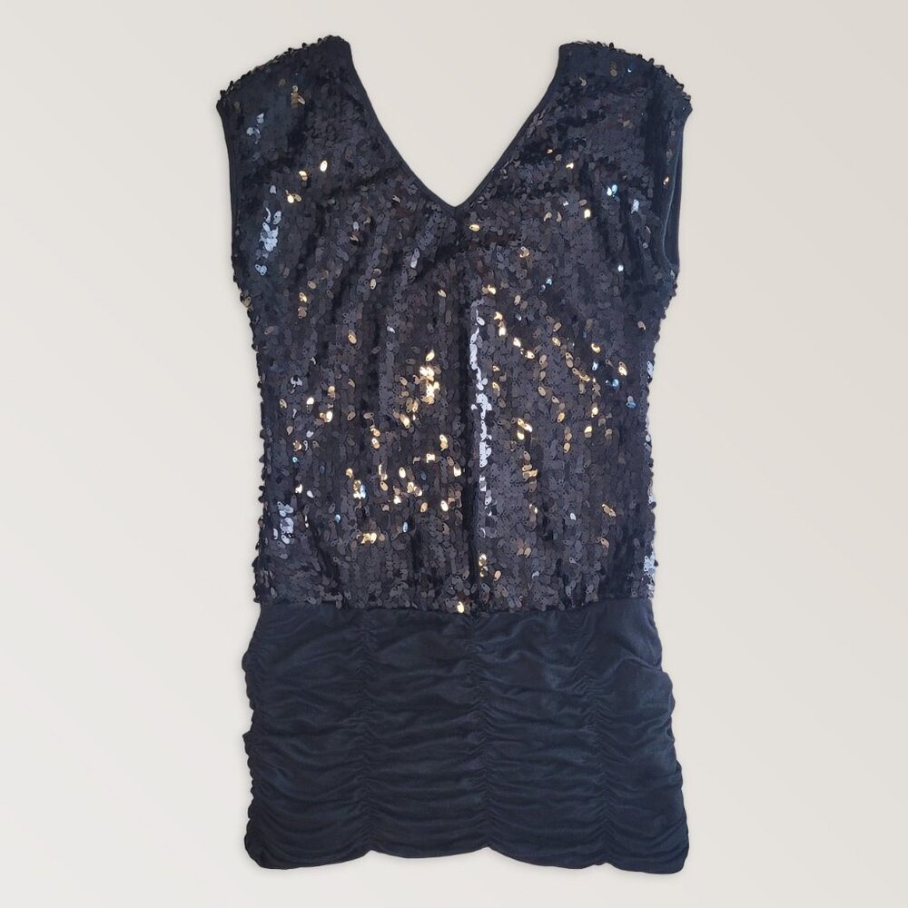 HKR Black Sequins Ruched Holiday Dress, Cocktail V Neck Mini Dress, Size…